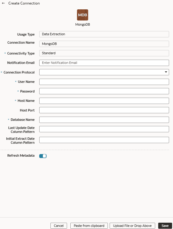 Finestra di dialogo Crea connessione per database Mongo