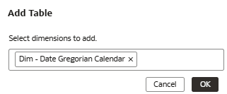 Finestra di dialogo Aggiungi tabella che visualizza il calendario gregoriano Dim – Date