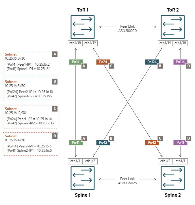 Diagramma che mostra una configurazione di riferimento di uplink in una topologia mesh con instradamento dinamico eBGP.