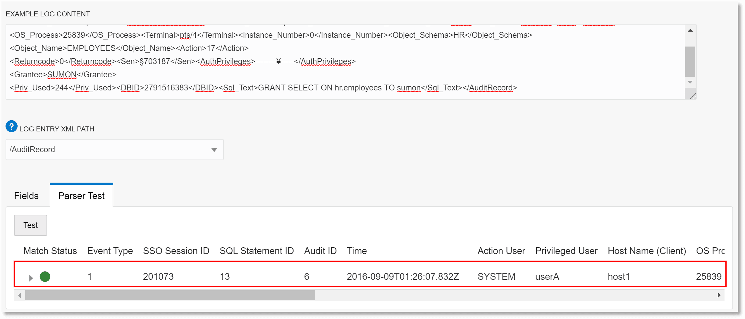 Finestra di dialogo di creazione del parser: scheda Test del parser e stato di corrispondenza del test