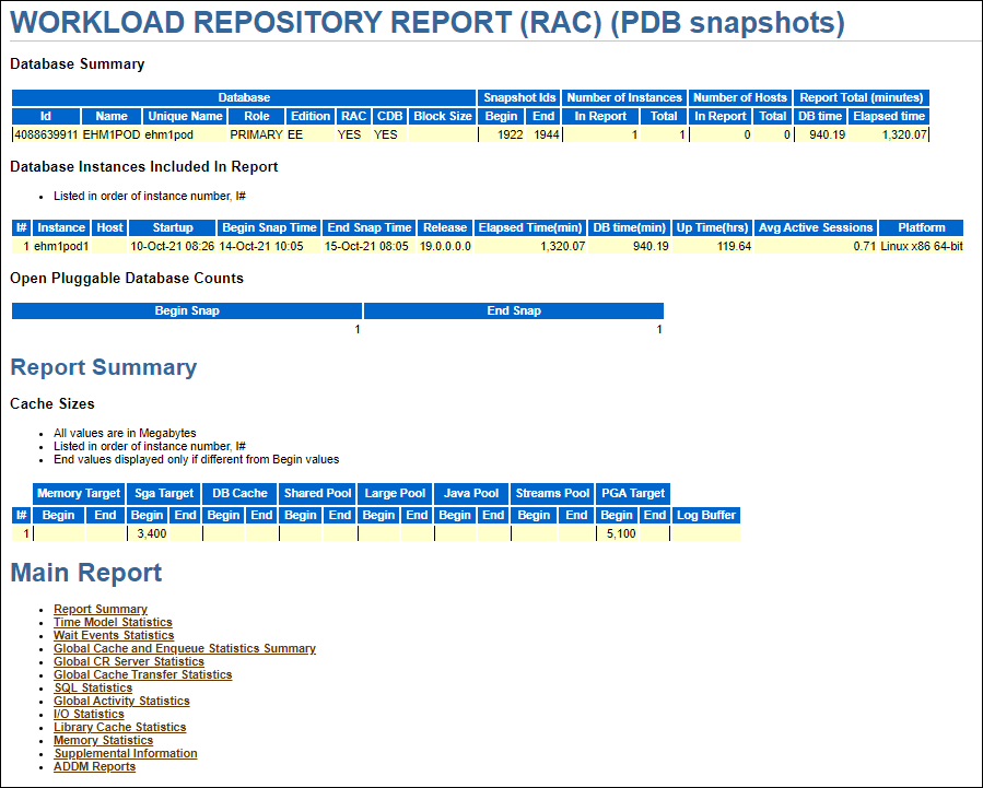 Il grafico mostra un report AWR generato.
