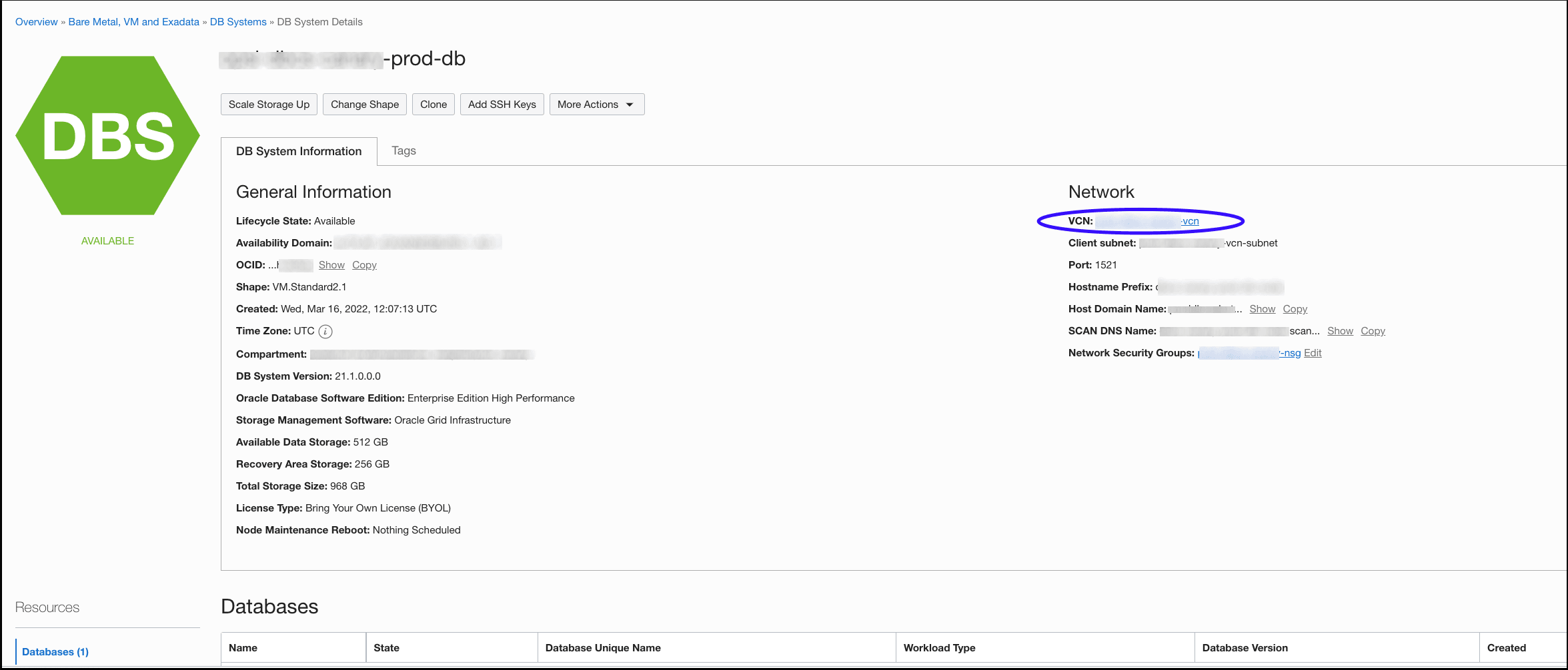 Il grafico mostra la pagina dei dettagli del database.