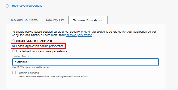 Pagina Crea load balancer, sezione Persistenza sessione