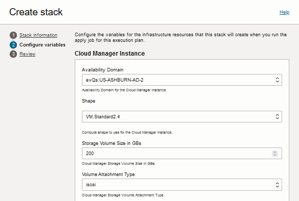 Pagina Crea stack, in alto