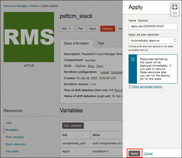 Dettagli stack con frame Apply