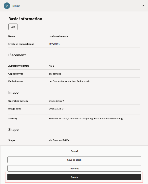 Pagina Crea istanza di computazione, Rivedi informazioni di base