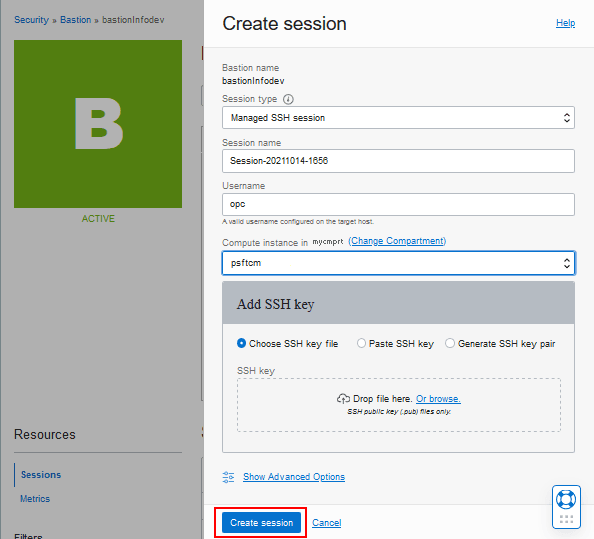 Pagina Crea sessione per una sessione SSH gestita