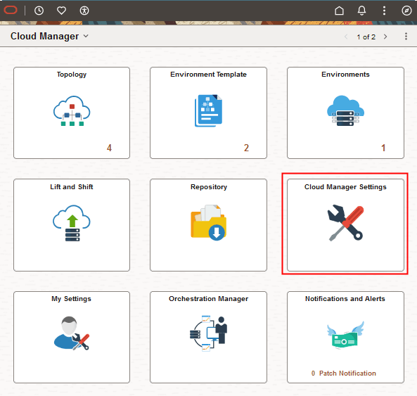 Home page di Cloud Manager con casella Impostazione