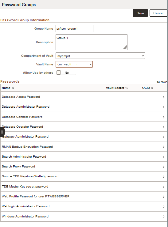 Pagina Informazioni gruppo password