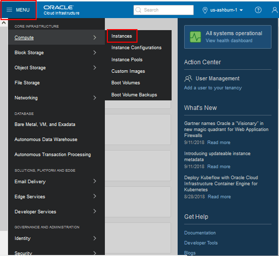 Menu Oracle Cloud Infrastructure, Compute, Istanze