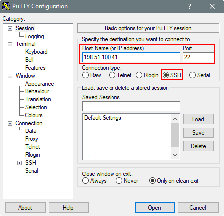 Finestra di dialogo Configurazione PuTTY, Opzioni di base per la sessione PuTTY
