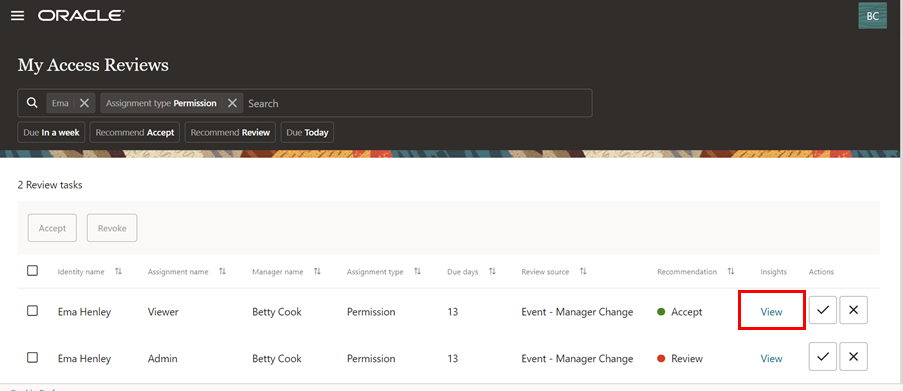 Visualizza gli approfondimenti per la revisione dell'accesso per un suggerimento di accettazione