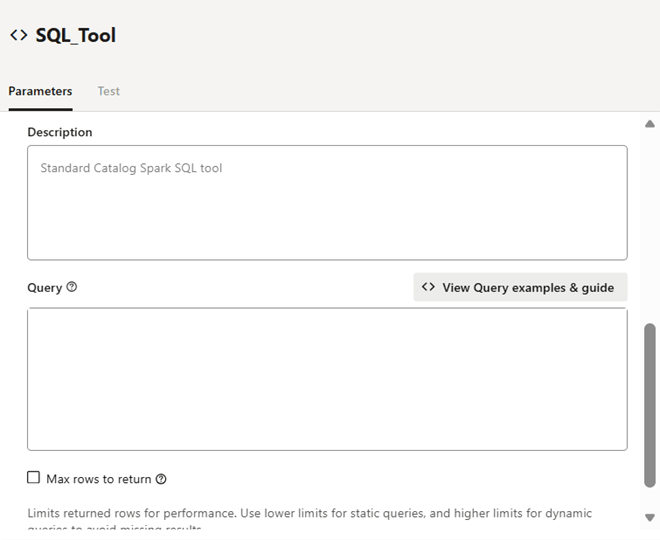 Il riquadro Configurazione dello strumento SQL si apre con la scheda Parametri selezionata. Sono visibili gli esempi e la guida Descrizione, Query, Visualizza query e Numero massimo di righe per restituire i campi.