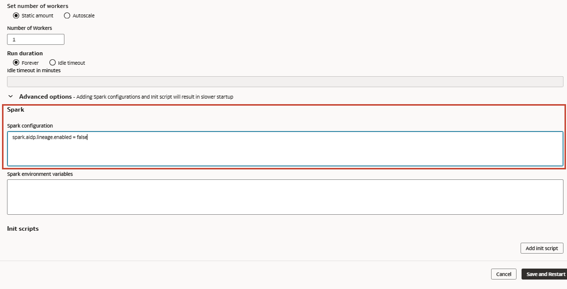 Crea pannello Compute aperto con opzioni avanzate espanse. Il campo di configurazione Spark è evidenziato. Crea pannello Compute aperto con opzioni avanzate espanse. Il campo di configurazione Spark è evidenziato.