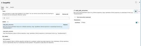 Viene visualizzata la pagina di configurazione dello strumento Server MCP remoto. La scheda Strumenti è selezionata e read_wiki_structure è selezionata in Aggiunto. Il pulsante Rimuovi è visibile per read_wiki_structure.