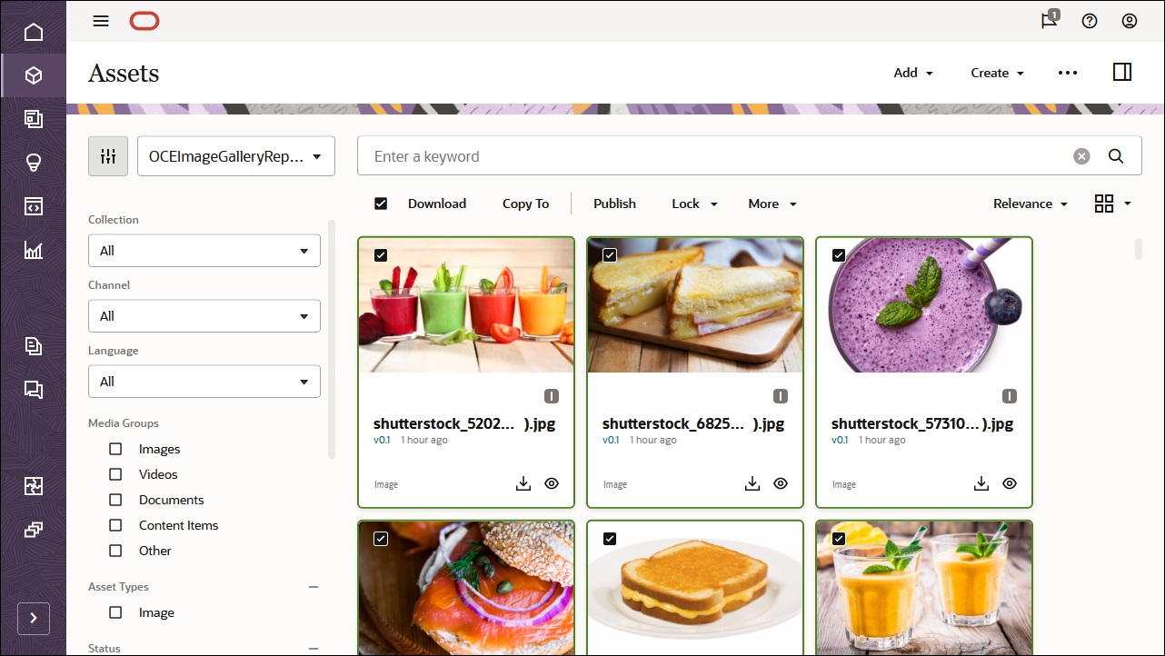 Questa immagine mostra il repository OCEImageGalleryRepository, con tutti gli asset selezionati e l'opzione Pubblica nella barra delle azioni visibile.