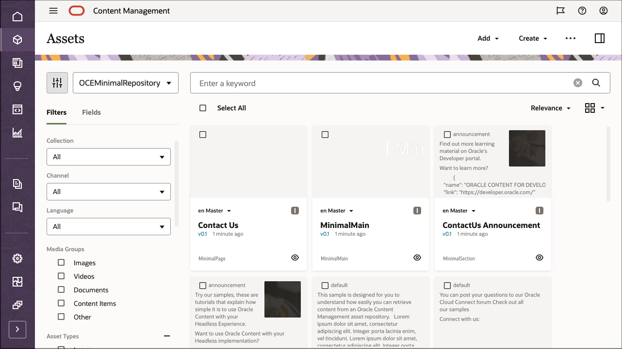 Questa immagine mostra il repository OCEMinimalRepository, con tutti gli asset appena importati.