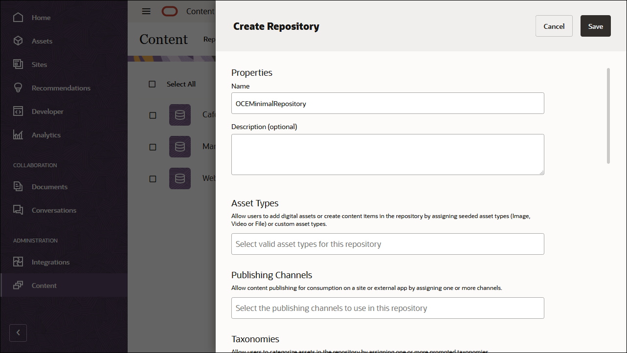 Questa immagine mostra il pannello di definizione del repository con 'OCEMinimalRepository' nel campo del nome del repository.