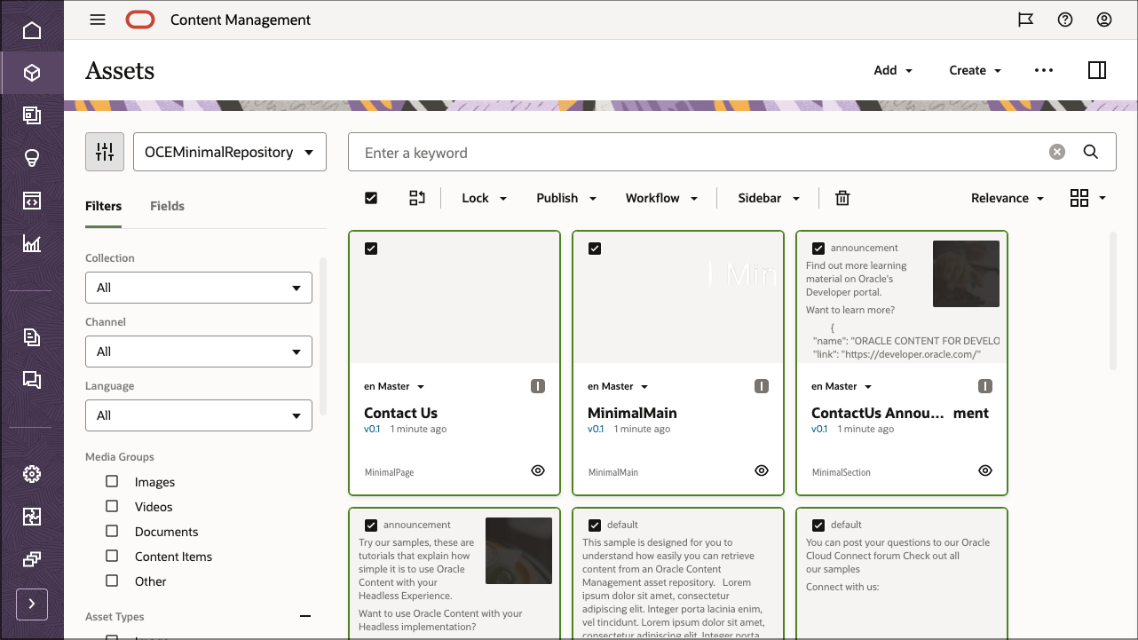Questa immagine mostra il repository OCEMinimalRepository, con tutti gli asset selezionati e l'opzione Pubblica nella barra delle azioni visibili.