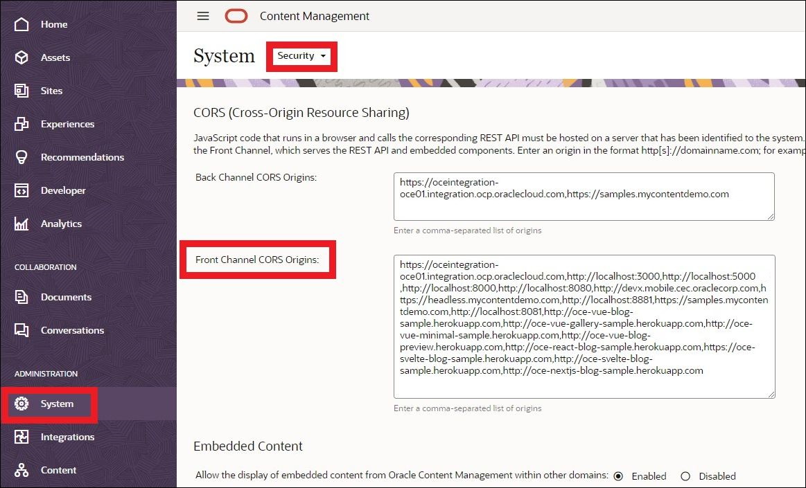 Aggiunta dell'URL dell'applicazione Heroku alle origini CORS del canale anteriore.