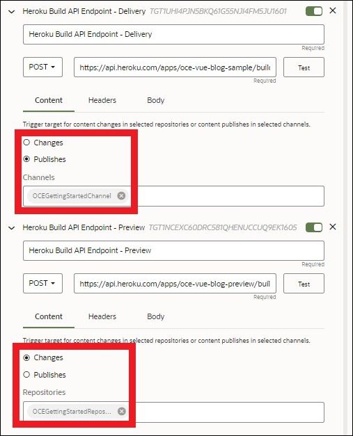 Questa immagine mostra come configurare i webhook di consegna e anteprima.