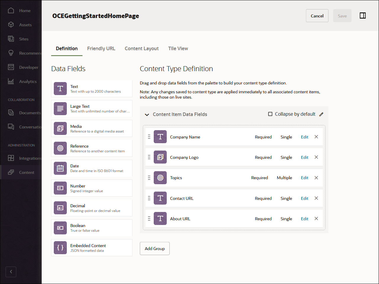Questa immagine mostra la definizione del tipo di contenuto 'OCEGettingStartedHomePage'. Include i seguenti campi dati: Nome società, Logo società, Argomenti, URL contatto e Informazioni sull'URL.