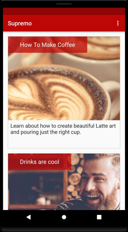 Questa immagine mostra la schermata iniziale del sito demo Cafe Supremo con un elenco degli argomenti disponibili.