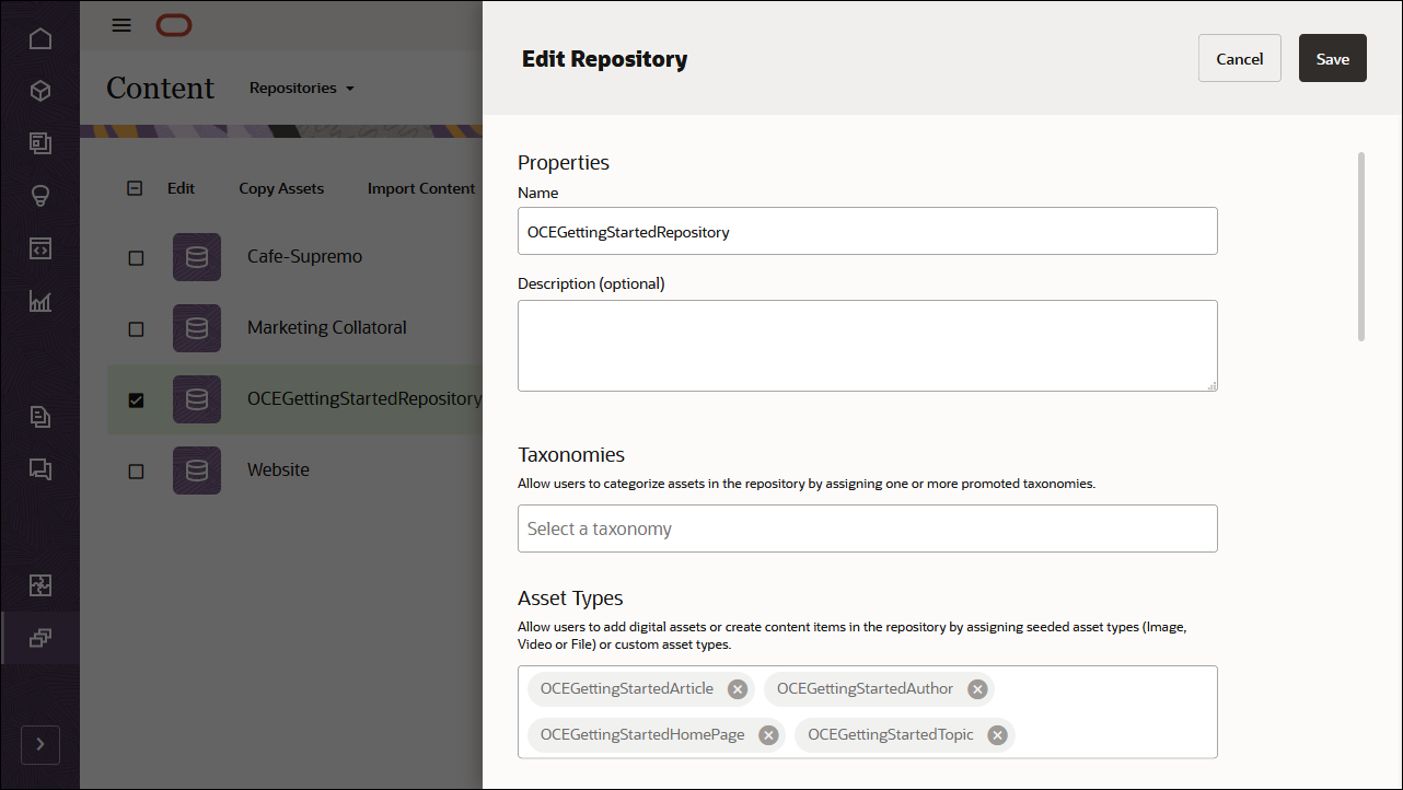 Questa immagine mostra la pagina Modifica repository in Oracle Content Management, con i quattro tipi di contenuto appena creati associati al repository OCEGettingStartedRepository.