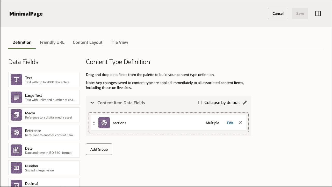 Questa immagine mostra la definizione del tipo di contenuto 'MinimalPage'. Include il seguente campo dati: sezioni.