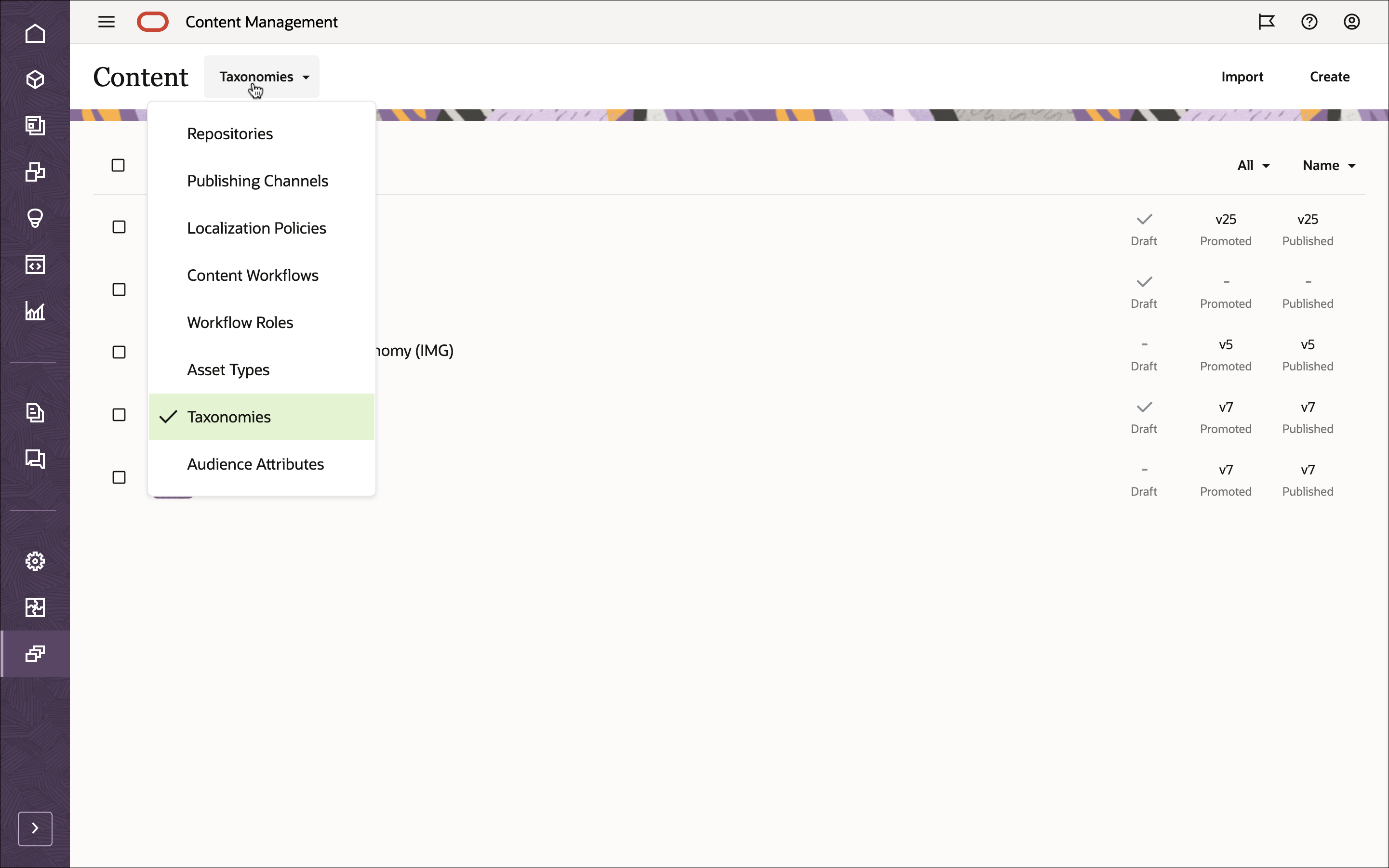 Questa immagine mostra l'opzione Tassonomie selezionata nel menu a discesa nell'intestazione della pagina Contenuto.