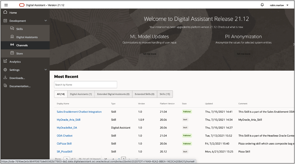 Questa immagine mostra l'istanza di Oracle Digital Assistance con il menu di navigazione sinistro aperto e l'opzione Canali evidenziata.