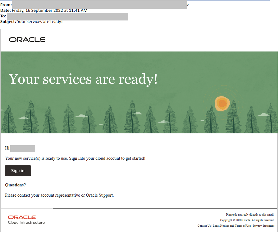 Email che indica che i servizi sono pronti Email che indica che i servizi sono pronti