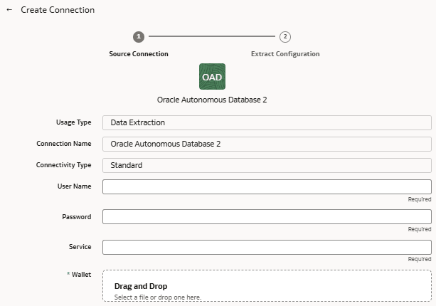 Finestra di dialogo Crea connessione per Oracle Autonomous Database che visualizza la scheda Connessione di origine