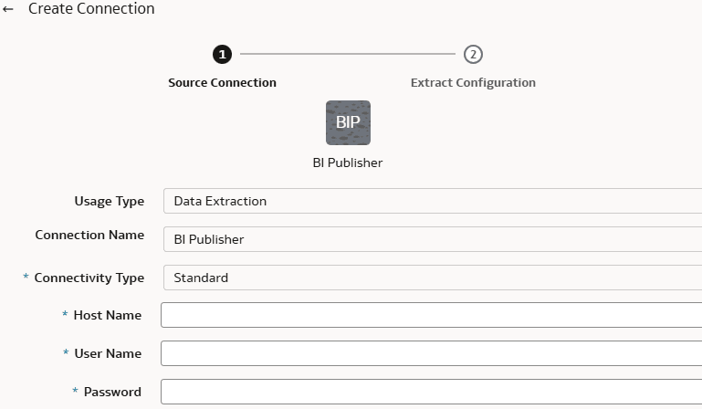 Scheda Connessione di origine nella finestra di dialogo Crea connessione per il connettore BI Publisher Scheda Connessione di origine nella finestra di dialogo Crea connessione per il connettore BI Publisher