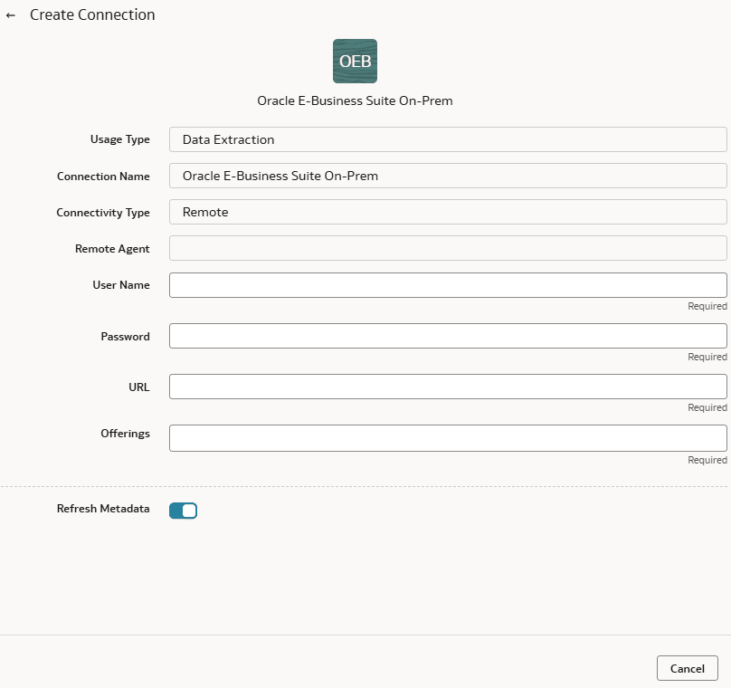 Finestra di dialogo Crea connessione per Oracle E-Business Suite in locale