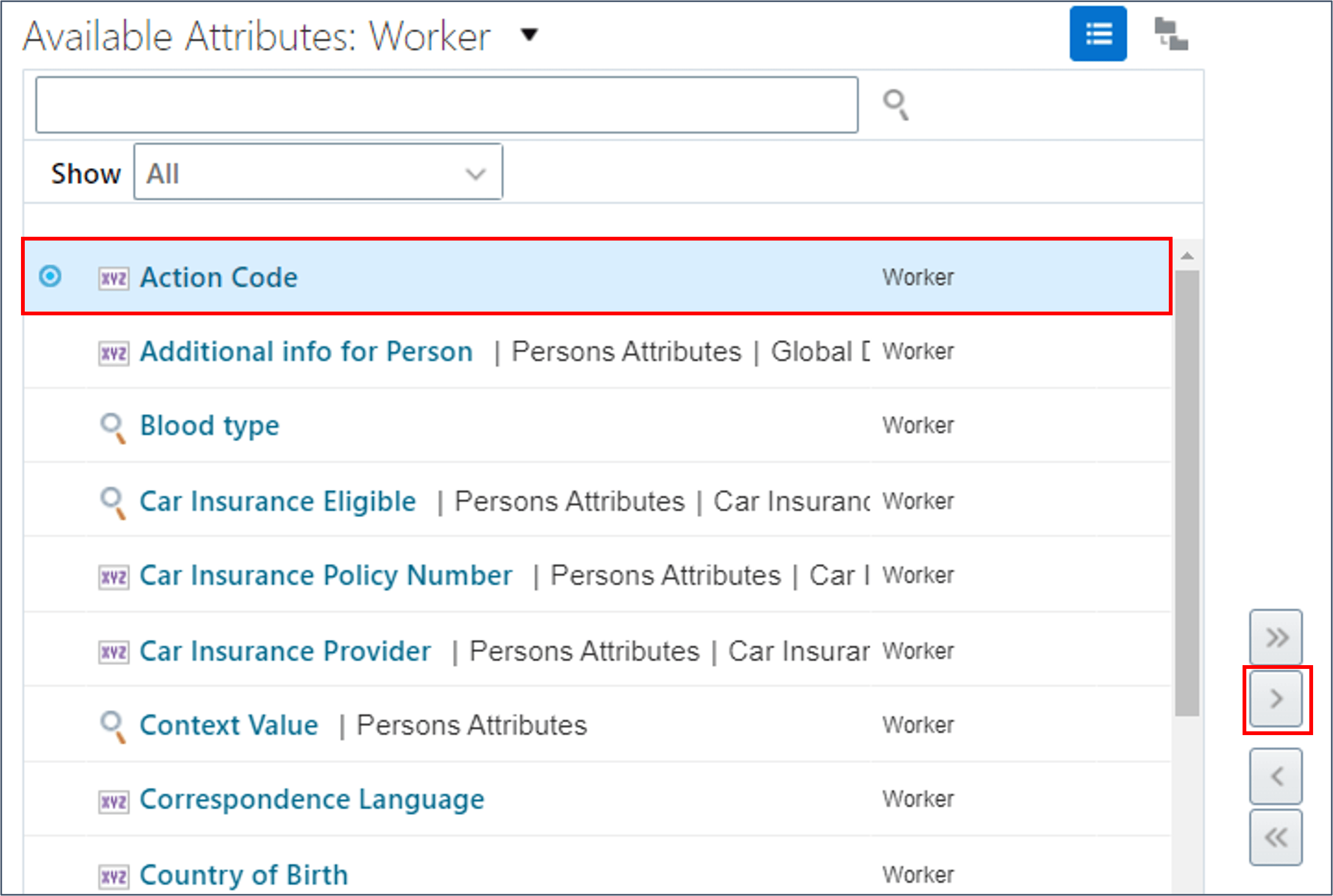 Selezionare l'attributo Codice azione
