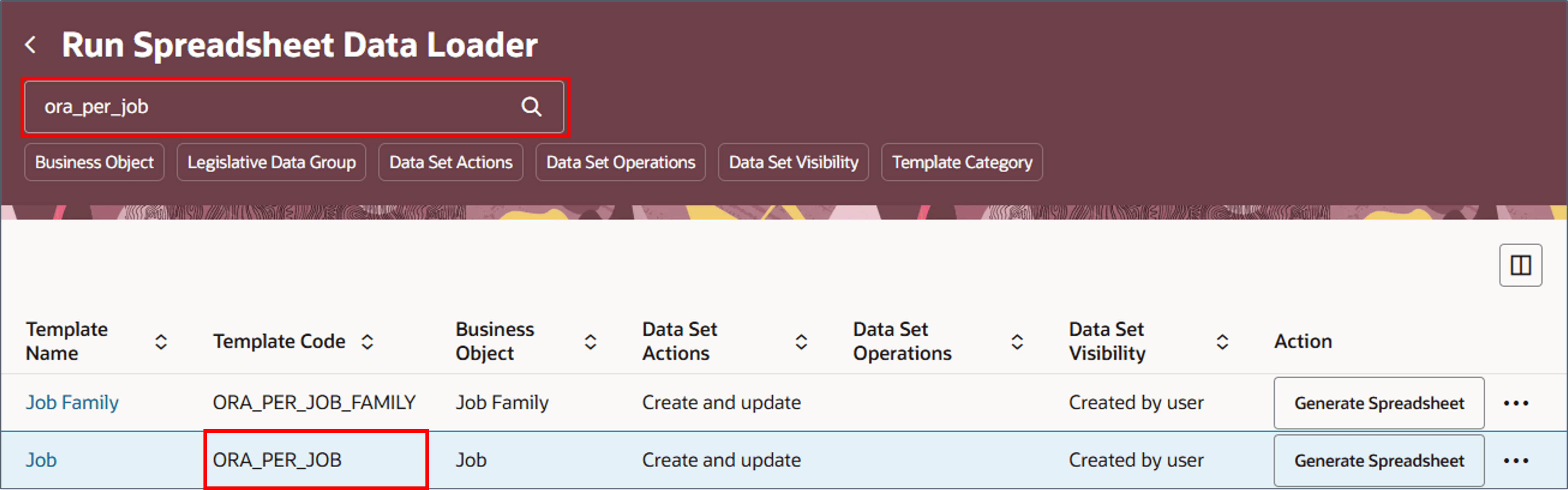 Cercare il modello con codice ORA_PER_JOB