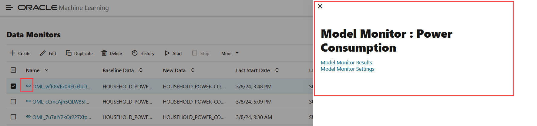 Pagina Controlli dati che visualizza i risultati e le impostazioni del modello associato