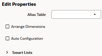 Le proprietà globali disponibili per una regola di generazione dimensione includono la selezione Tabella alias, l'opzione Disponi dimensioni, l'opzione Configurazione automatica e un'interfaccia per aggiungere o aggiornare smartlist (noti anche come oggetti elenco di testo).