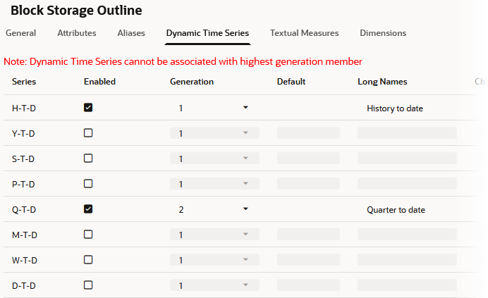 Opzioni Dynamic Time Series nelle proprietà di struttura dello storage a blocchi. H-T-D è abilitato e associato alla Generazione 1. Q-T-D è abilitato e associato alla Generazione 2.