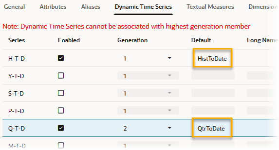 Opzioni Dynamic Time Series nelle proprietà di struttura dello storage a blocchi. H-T-D è abilitato in gen1 con un alias HistToDate. Q-T-D è abilitato in gen2 con un alias QtrToDate.
