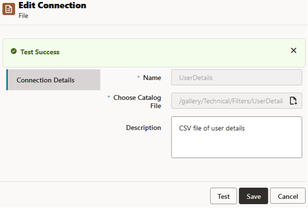 Finestra di dialogo Crea connessione per creare connessioni a un file nel catalogo del server Essbase. Nome: UserDetails, Percorso del file catalogo: /gallery/Technical/Filters/UserDetails.csv, Descrizione: File CSV dei dettagli utente
