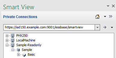 Più nodi server Essbase accessibili in un URL Smart View centralizzato. L'URL di questa connessione privata è https://iad150.example.com:9001/essbase/smartview. I nodi sono rappresentati dagli alias PHX250 e LocalMachine. Un cluster di sola lettura è rappresentato come ROcluster (con l'applicazione Sample sottostante, espanso per mostrare il database Basic).