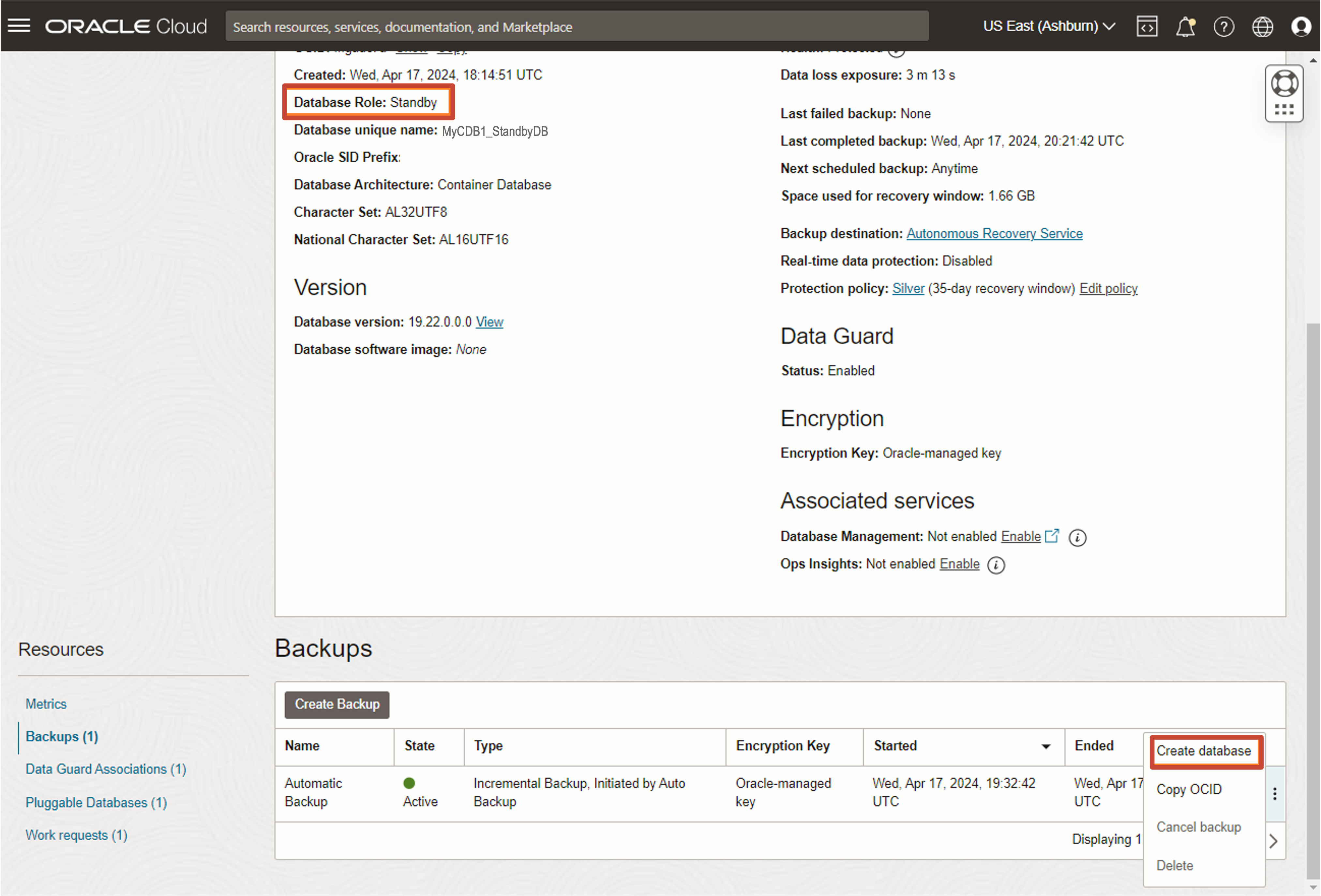 Immagine che mostra la creazione del database dal backup