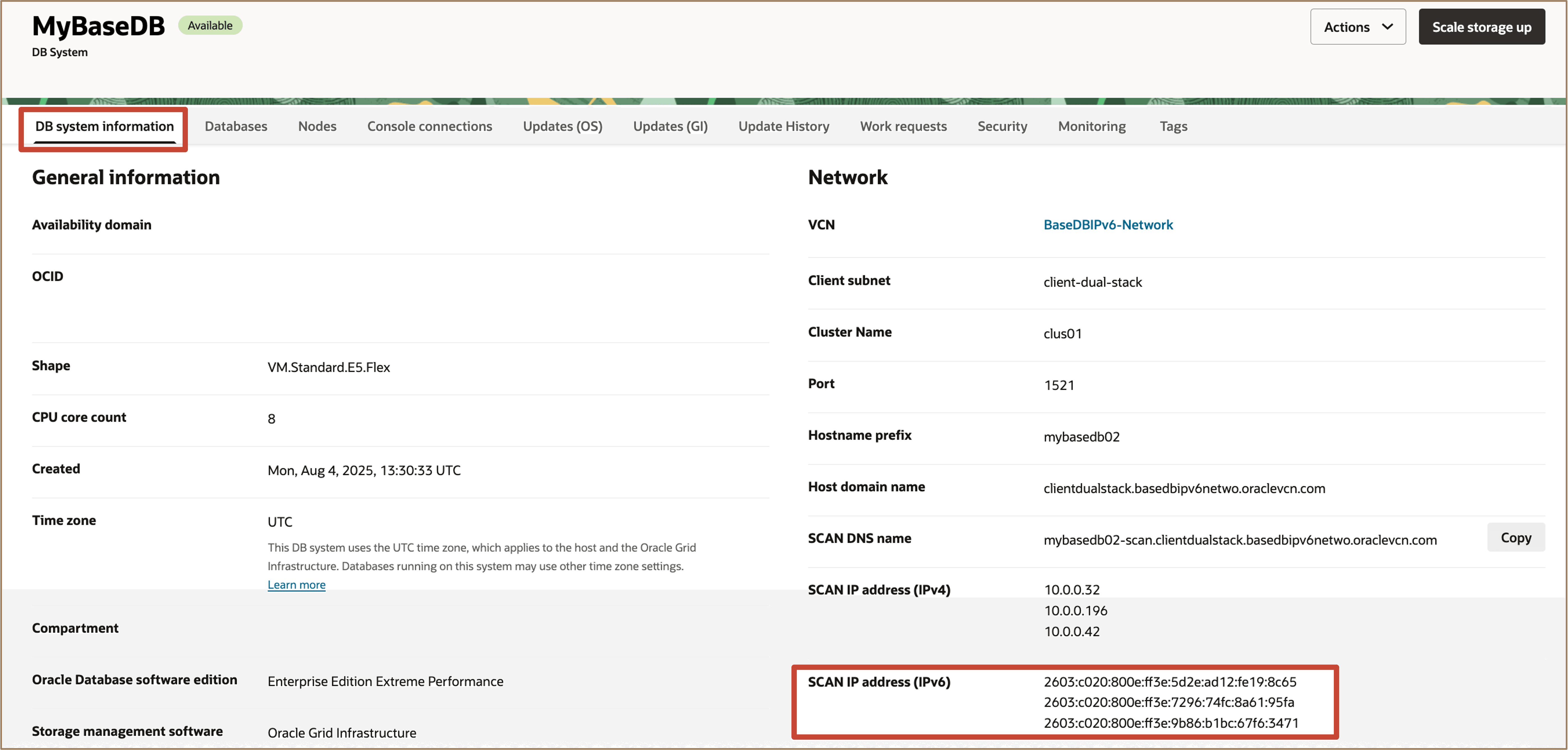 Immagine che mostra le informazioni di rete del sistema DB