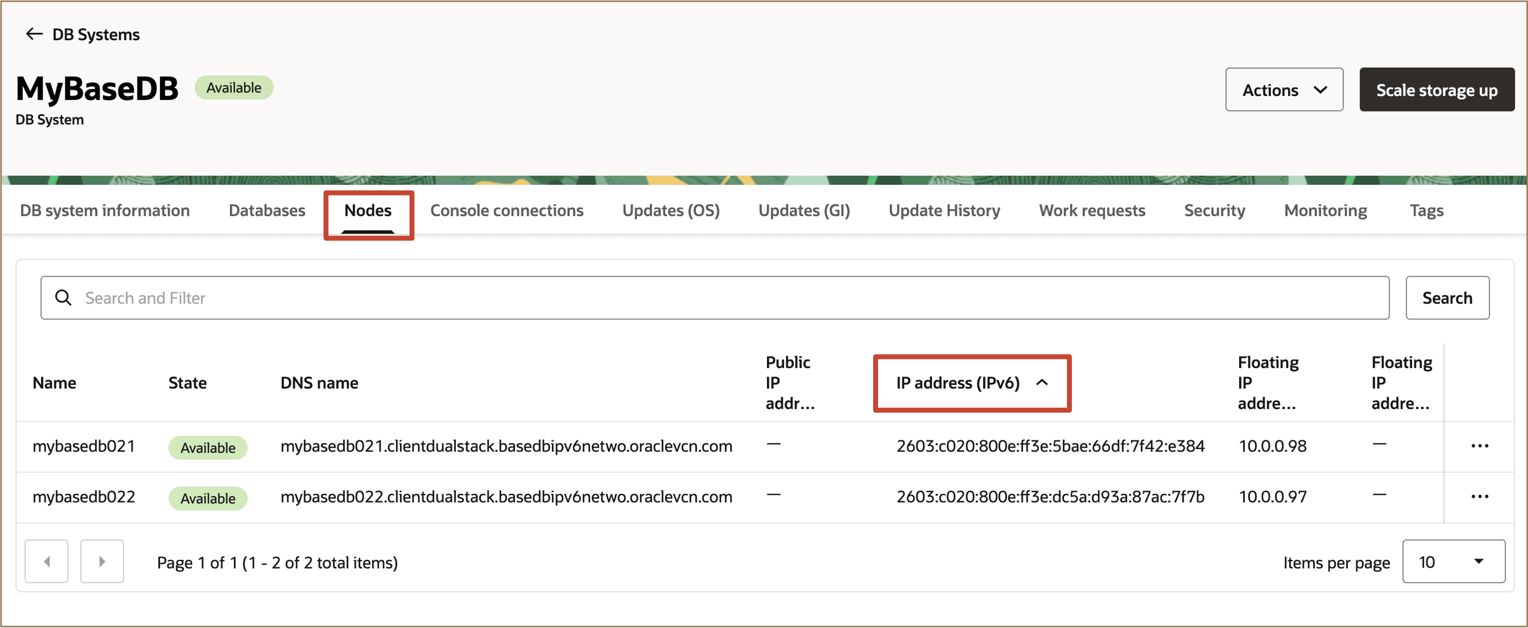 Immagine che mostra le informazioni di rete del sistema DB
