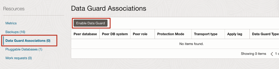 Immagine che mostra l'abilitazione di Data Guard