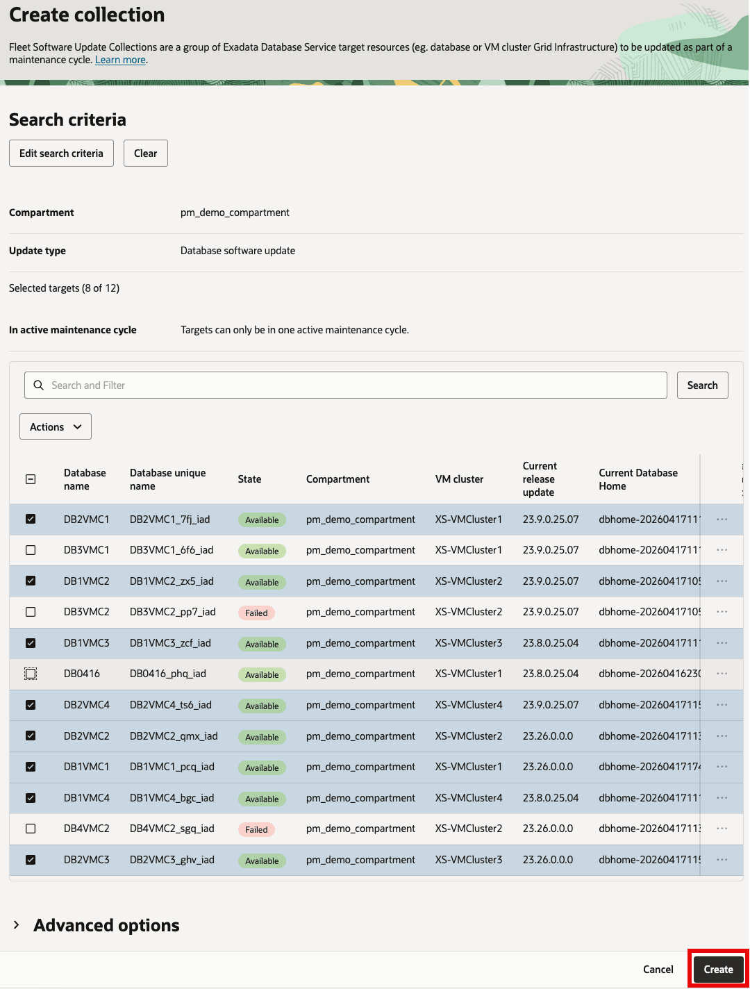 Tabella di selezione della destinazione di raccolta del database con le destinazioni del database selezionate e il pulsante Crea evidenziato