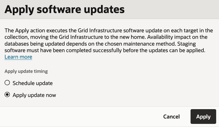 Finestra di dialogo di conferma per l'applicazione dell'aggiornamento software di Grid Infrastructure