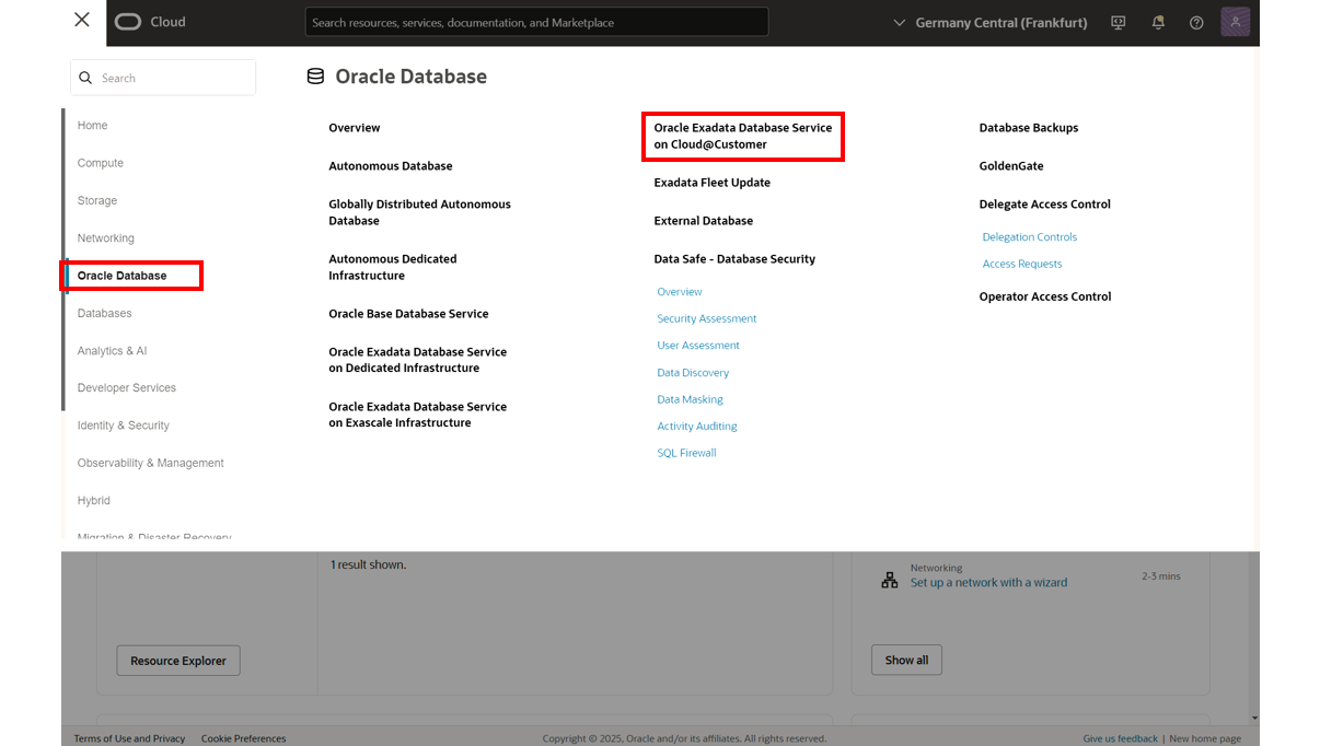 Immagine che mostra il menu di Oracle Database